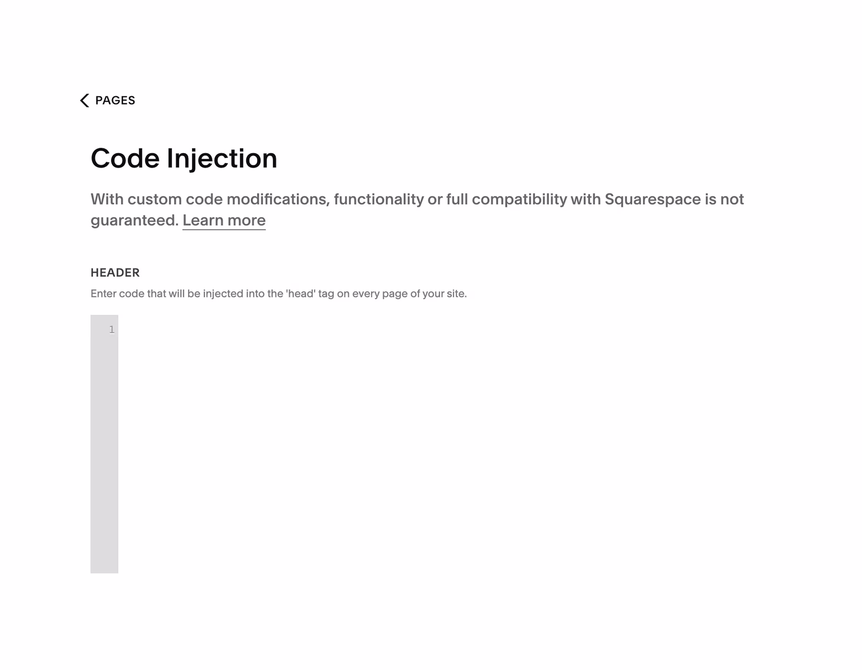 The Squarespace Code Injection panel with an empty Header field