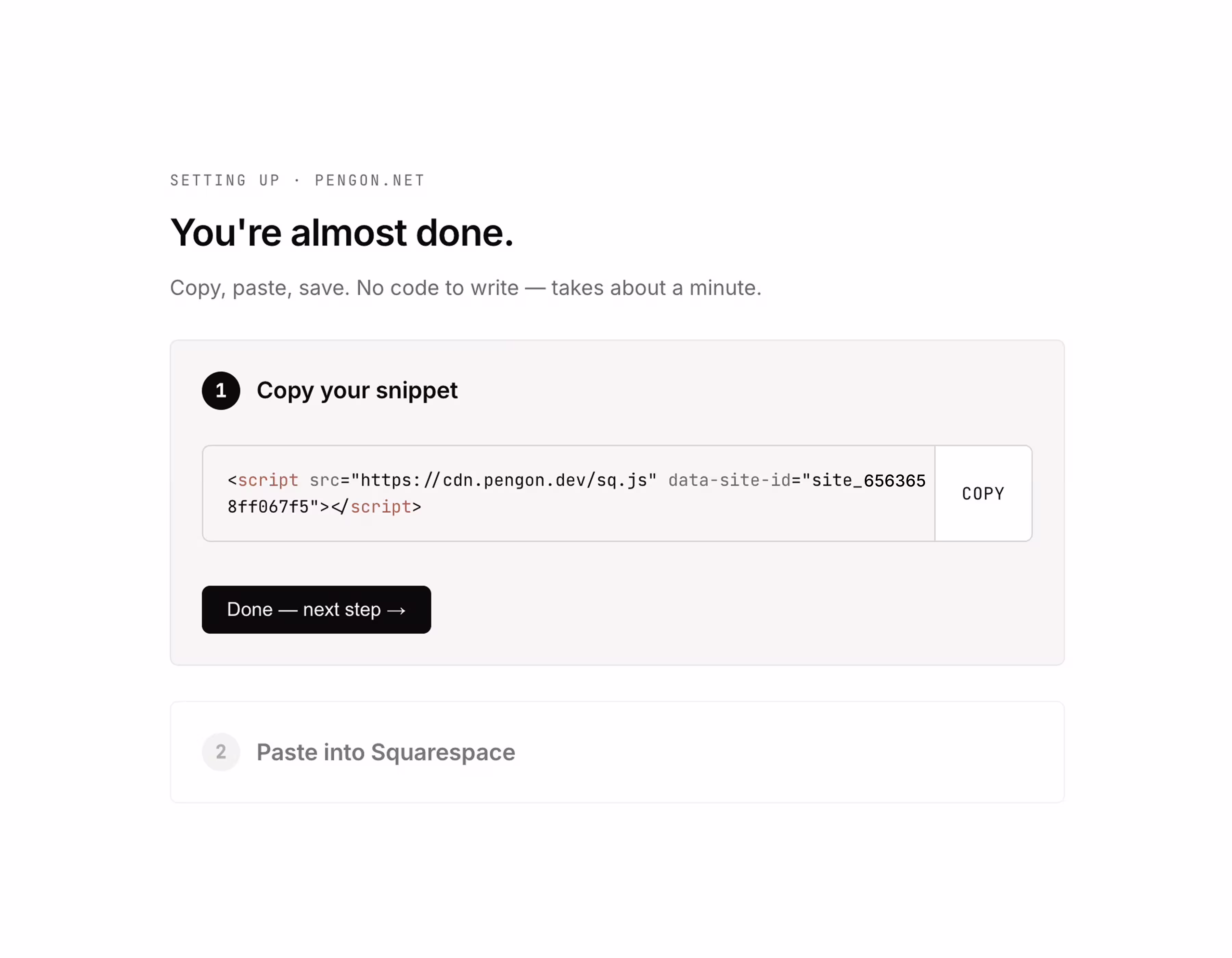 Pengon's setup screen showing the one-line script with a Copy button